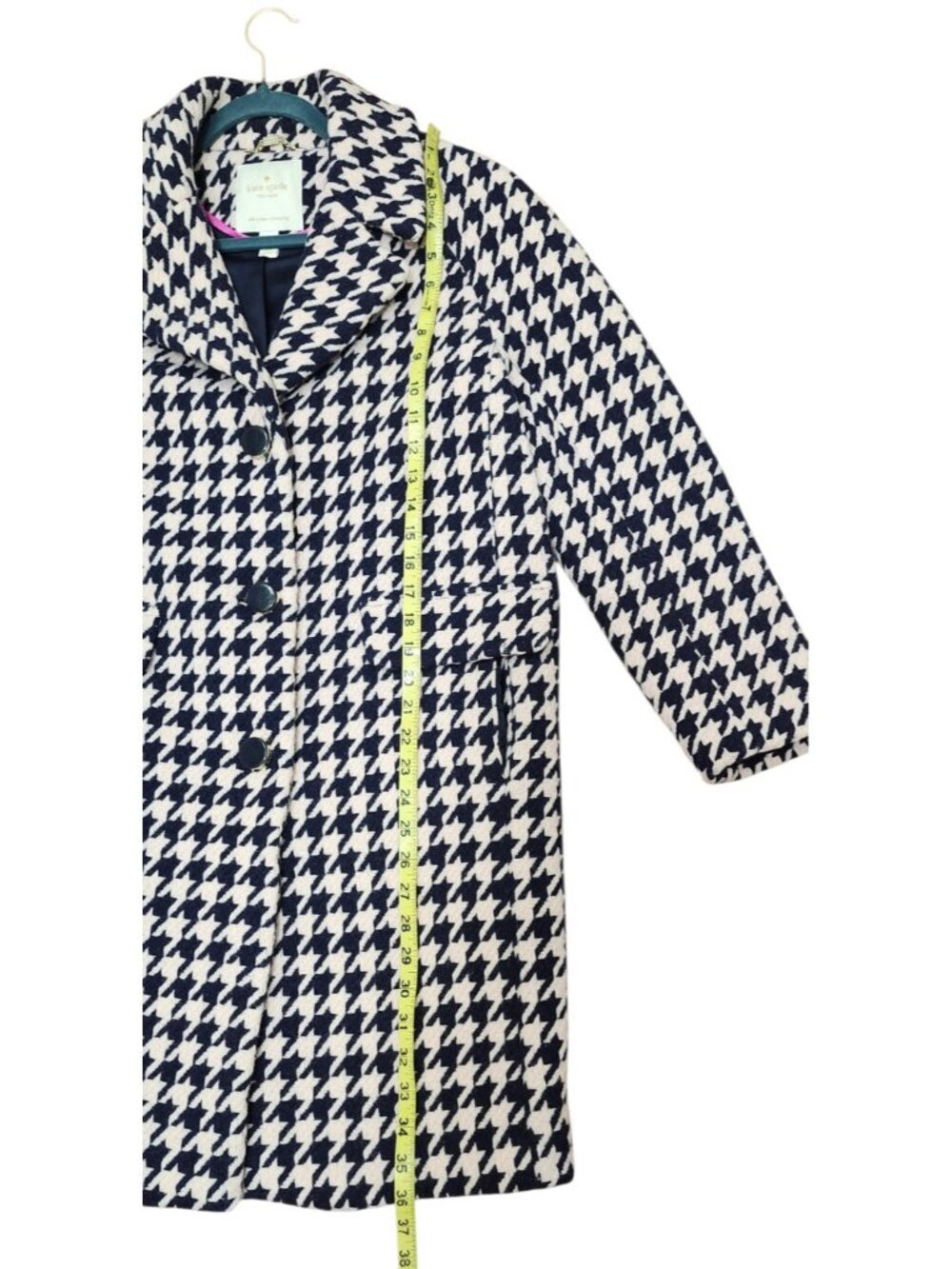 Kate Spade New York Houndstooth Coat Womens M Wool Blend Navy Ivory Button Front - Picture 12 of 16
